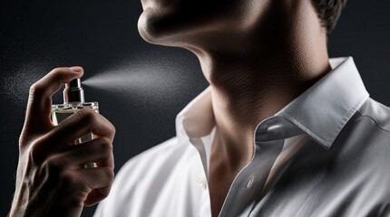 Obraz premium Man sprays perfume on his neck. Male wears white shirt, applying scent for personal care and grooming. Fragrance mist from bottle enhances daily routine.