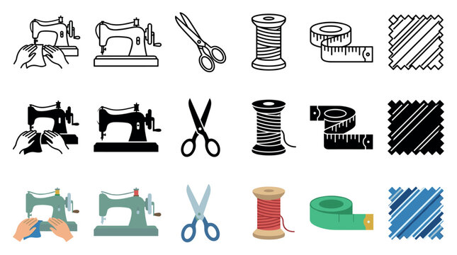Sewing machines, scissors, thread, measuring tape, fabric swatches are presented as a comprehensive icon set for textile and craft projects.