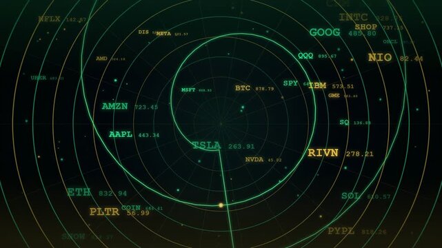 Abstract Digital Stock Market Data Visualization with Rotating Financial Tickers and Trading Symbols