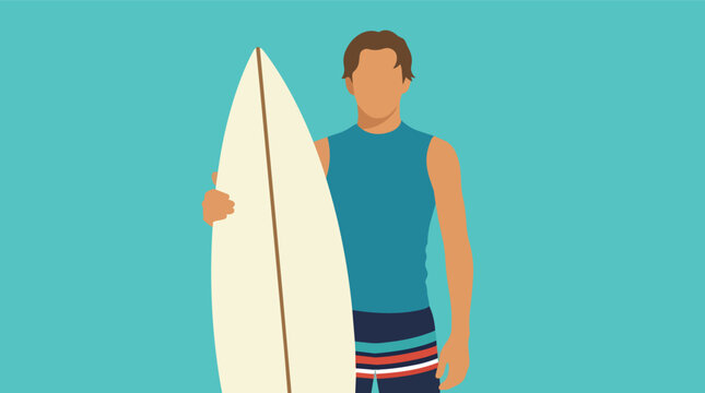 Male surfer holding surfboard minimalist flat vector illustration for summer sports and beach lifestyle branding