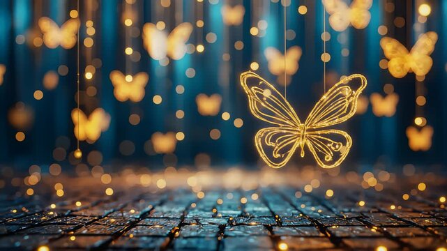 Glowing golden butterfly outlines floating and descending over a dark cobblestone street, magical sparkling lights effect. Fantasy animation, luxury background, holiday celebration.