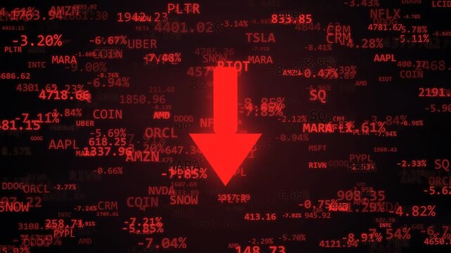 Financial stock market crash animation with red arrow pointing down over digital trading data