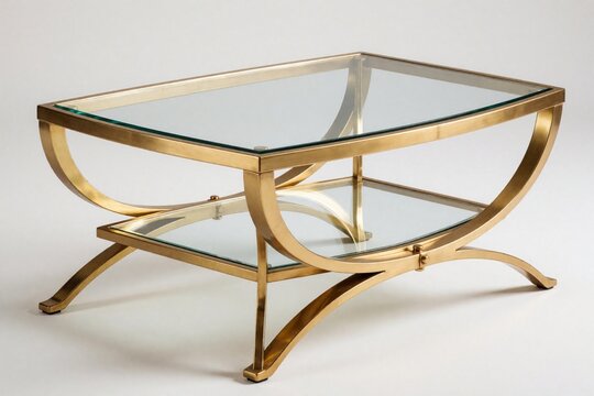 Modern gold coffee table with clear glass top, lower shelf. Elegant metal furniture features curved legs, minimalist design. Luxury rectangular center table sits in bright room for stylish home decor