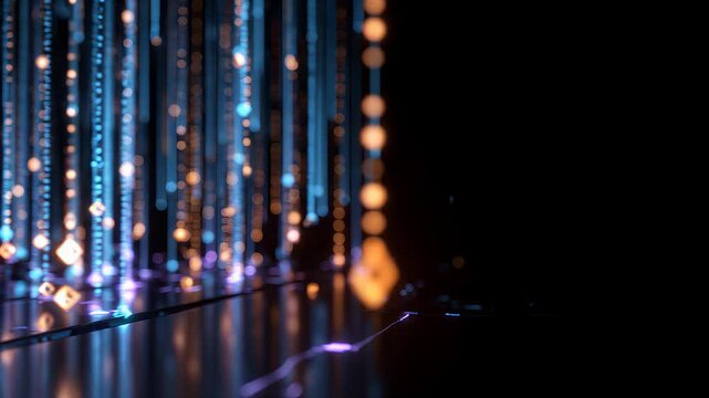 Abstract digital data stream with glowing blue and orange particles falling vertically, motion of light trails in dark space. Cyber security, big data, technology background.