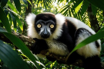 Fototapeta premium Close up of ruffed lemur sitting on tree branch in tropical jungle. Black, white primate with bright yellow eyes looks at camera. Wild animal rests among green palm leaves in Madagascar forest