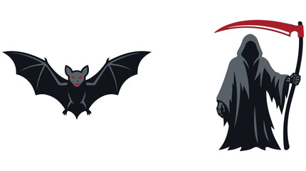 Fototapeta premium Vector illustration of a flying bat and a grim reaper with a scythe for Halloween design elements