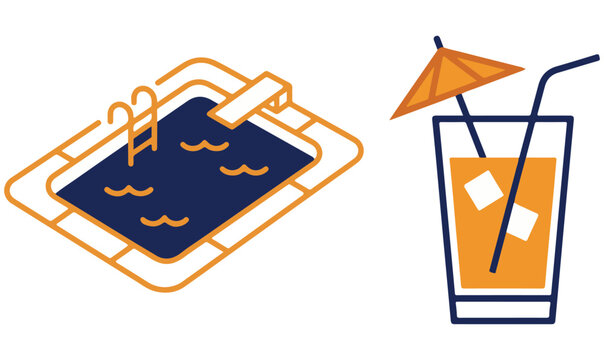Swimming pool with diving board and cocktail glass with straw vector icons for summer vacation and leisure design