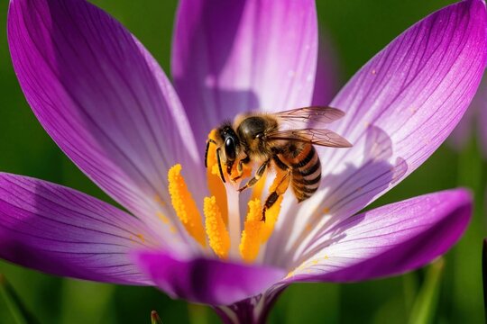 Macro view of honey bee collecting pollen from purple crocus flower. Insect sits inside blossom with bright yellow stamen. Nature scene shows pollination process in garden meadow. Beautiful spring