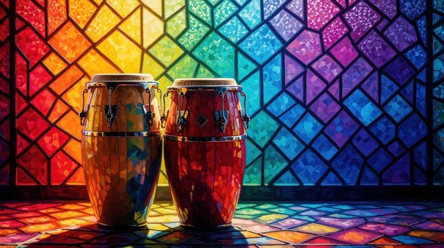 Two conga drums stand before a vibrant stained glass window casting colorful light. Percussion instruments rest on a reflective floor, suggesting music and celebration.