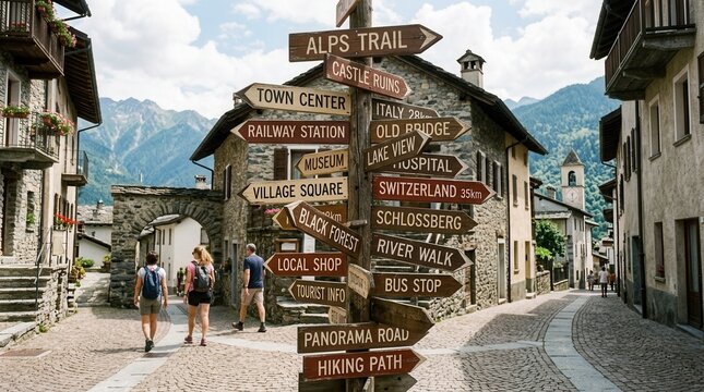 Charming Alpine Village Signpost Navigating Tourists Towards Scenic Destinations And Local