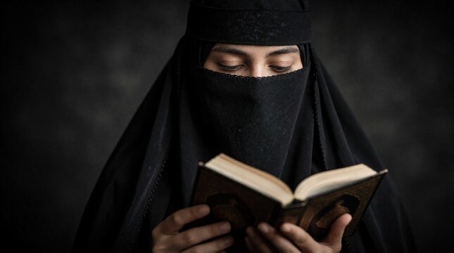 Afghan Muslim woman wears black niqab, burka reading Quran. Female believer studies holy book in dark room. Religious lady performs spiritual prayer reads sacred text alone. Traditional Islamic