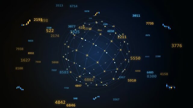 Abstract digital network globe with floating data points and financial charts on dark blue background
