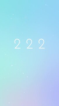 Vertical dreamcore animation featuring angel number 222 in soft white text floating across aqua, mint, and violet gradient with twinkling stars. Tranquil celestial mood for spirituality.