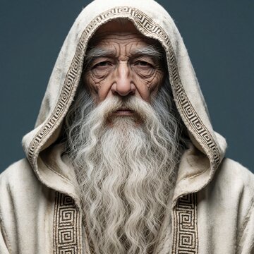 Close up portrait of wise old man with long white beard. Elderly mystic wearing hooded robe with ancient greek pattern. Character wrinkled skin, calm eyes, looking like fantasy wizard historical guru