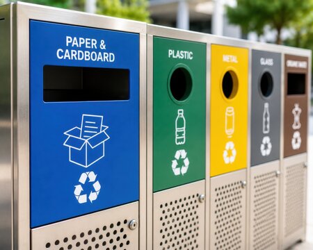 A set of five color-coded public recycling bins labeled for paper, plastic, metal, glass, and waste.