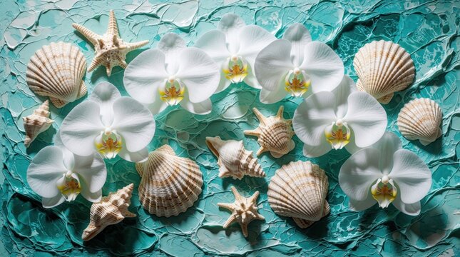 White orchid flowers, sea shells lie on teal textured background. Tropical maritime composition with starfish, scallops, exotic blooms. Elegant summer ocean theme for spa, wellness coastal decor