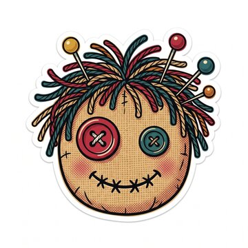 Cute Voodoo Doll Face with Pins and Buttons Illustration 1950s Retro Sticker