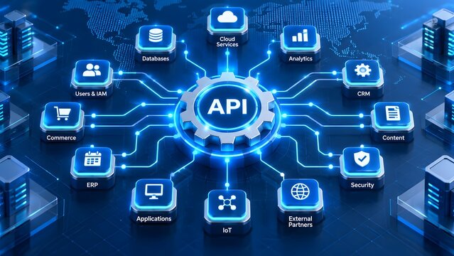 Digital API gear interface connecting cloud services database analytics and security in global network
