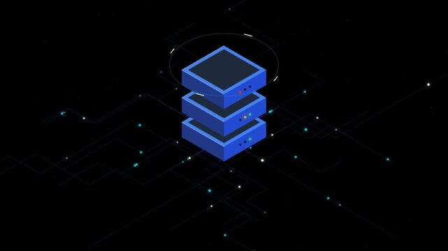 Isometric data server icon, blue database storage tower, cloud computing network concept