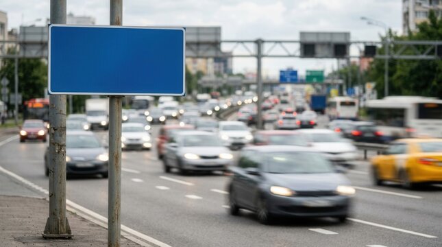 Blank Blue Road Sign Amidst Busy Urban Traffic Flow