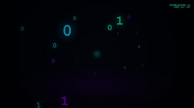 Abstract digital background with glowing binary code numbers in dark space, concept for advanced data technology, software development visualization, cybersecurity infrastructure and futuristic