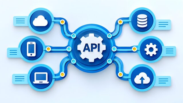3D API integration diagram showing network connections to cloud database mobile and web services