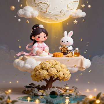 Cute Chang‑e And Jade Rabbit Making Mooncakes Under Full Moon