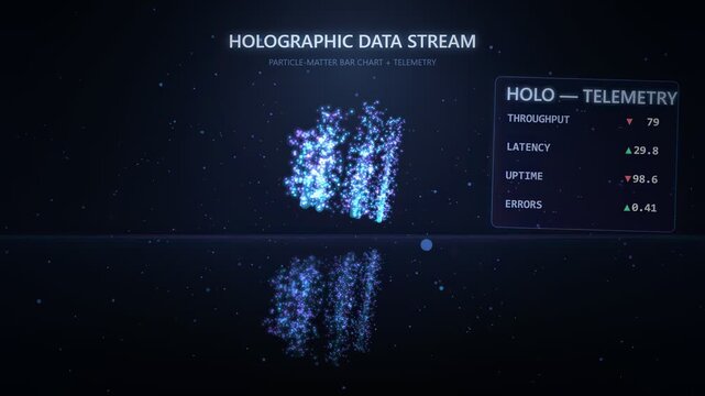 Futuristic holographic data stream interface with digital telemetry charts and blue particle visualization