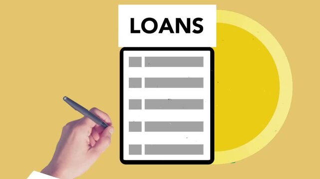 Loans text heading above digital list icon on yellow background finance money business credit banking