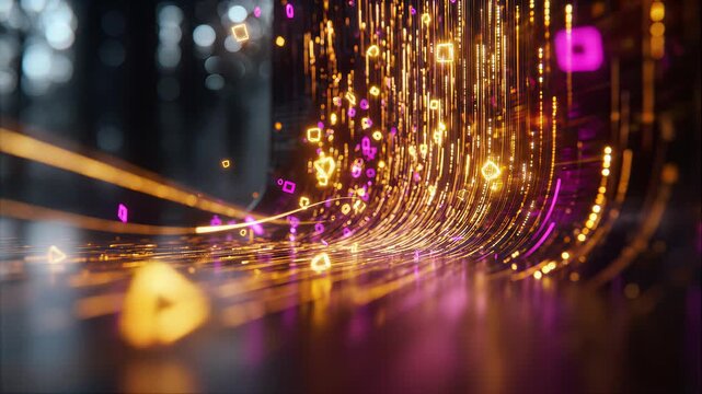 Abstract motion of glowing golden light trails and floating geometric shapes in a dark digital space. Cyberpunk aesthetic, big data concept, high tech background.