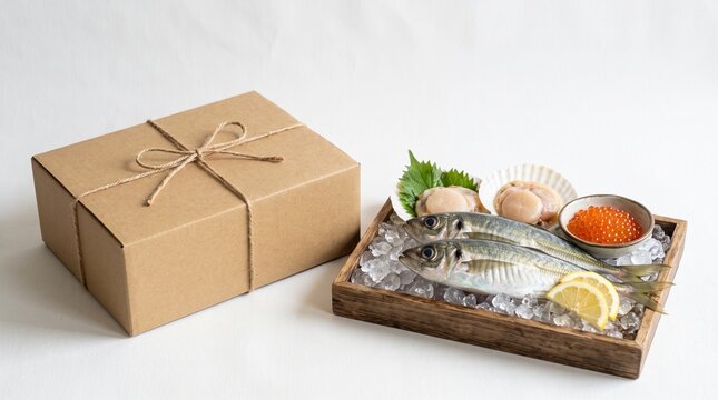 白い背景に置いた無地の段ボールのふるさと納税の返礼品と氷の上の海産物