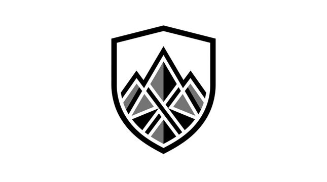 A minimalist black and white shield logo featuring a stylized geometric mountain range design.