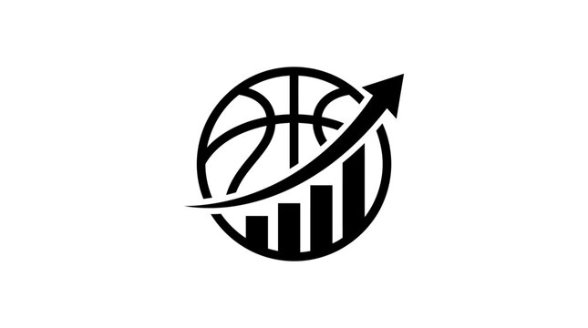 Basketball performance analytics logo with an upward trend arrow and bar graph, symbolizing growth and improvement in sports statistics.