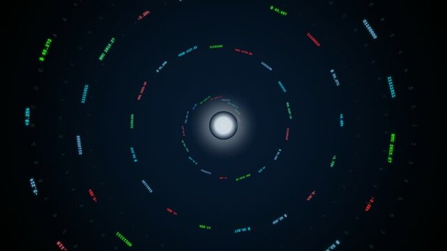 Abstract digital data visualization with glowing concentric circles and floating binary code in dark space