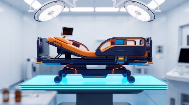 Medical bed representing medical healthcare innovation, 3d render, vibrant orange and dark navy