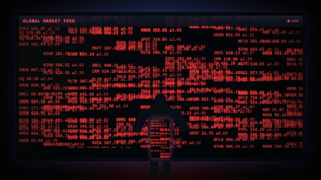 Digital stock market ticker display with scrolling red financial data on a black screen