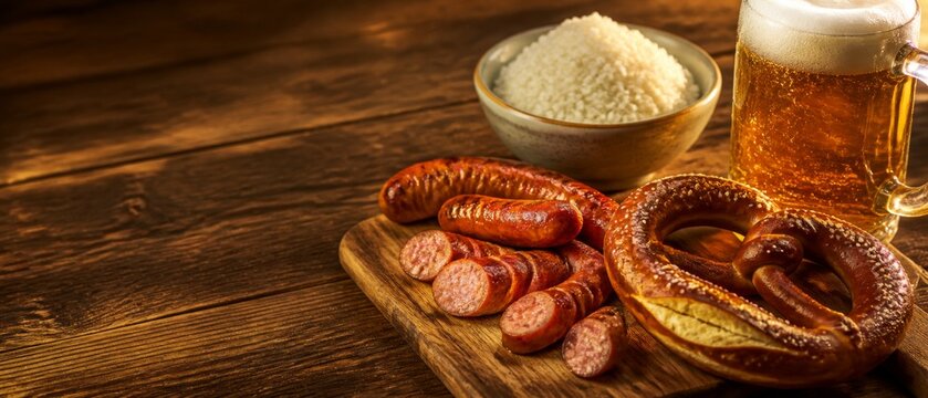 Delicious german oktoberfest food and drink selection with grilled sausages, soft pretzel, bowl of horseradish, and a glass of beer on a rustic wooden banner format