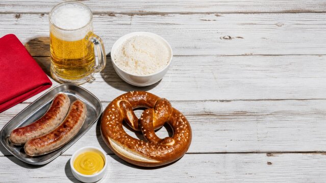 Delicious german oktoberfest food and drink selection with grilled sausages, soft pretzel, bowl of horseradish, and a glass of beer on a rustic wooden banner format