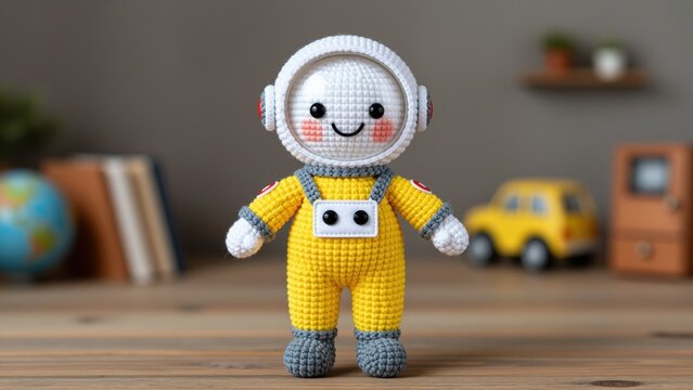 Cute handmade crochet astronaut doll with smiling face, yellow spacesuit, space helmet, and patch, on wooden surface background for toys and gifts