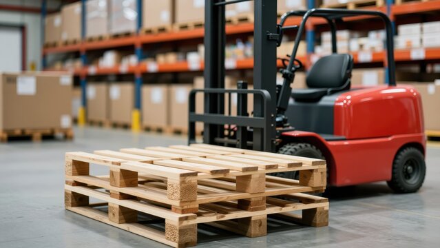 Red forklift truck with black seat and forks in warehouse, handling a wooden pallet on smooth concrete floor, industrial logistics and inventory management concept