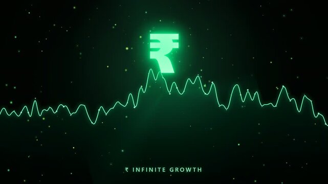 Abstract Digital Financial Growth Chart with Glowing Indian Rupee Symbol on Dark Background