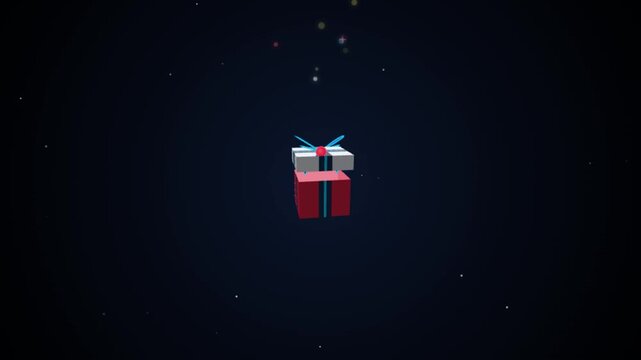 Minimalist 3D gift box opening, animated Christmas present on dark background, holiday surprise