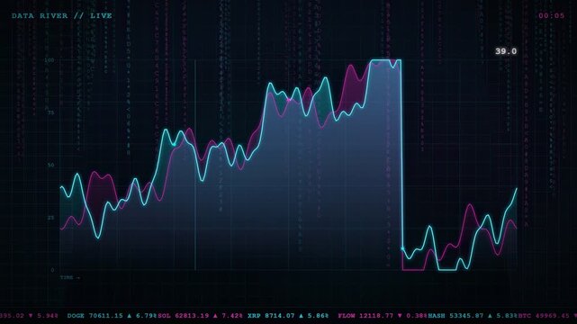 Abstract digital financial data visualization with fluctuating stock market graphs and scrolling binary code