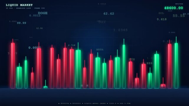 Digital Financial Trading Chart with Red and Green Candlestick Patterns on Dark Blue Background
