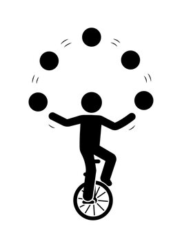 Stickman cartoon figure. Stick figure juggling balls riding unicycle illustration.