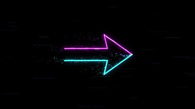 Neon glitch arrow pointing right, glowing cyan and pink direction pointer, retro futuristic UI element