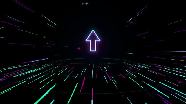 Neon arrow sign in cyber space, glowing pointer icon, futuristic digital background