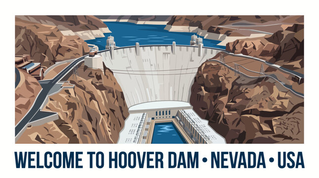 Very beautiful realistic vector of the iconic Hoover Dam with simple curved concrete structure, flowing Colorado River and clean power station shapes, WELCOME TO HOOVER DAM &bull; NEVADA &bull; USA, isolated on