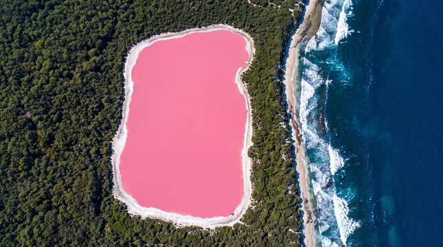 Top-down aerial view of a surreal bright pink magical lake surrounded by green forest next to a blue ocean on an imaginary alien planet