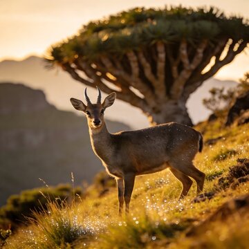 Klipspringer Standing on a Grassy Mountain Slope Beside a Socotra Dragon Tree at Golden Hour